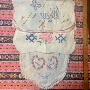 LOT of 3 Vintage Linens Embroidered Butterfly Rose & Heart Runners